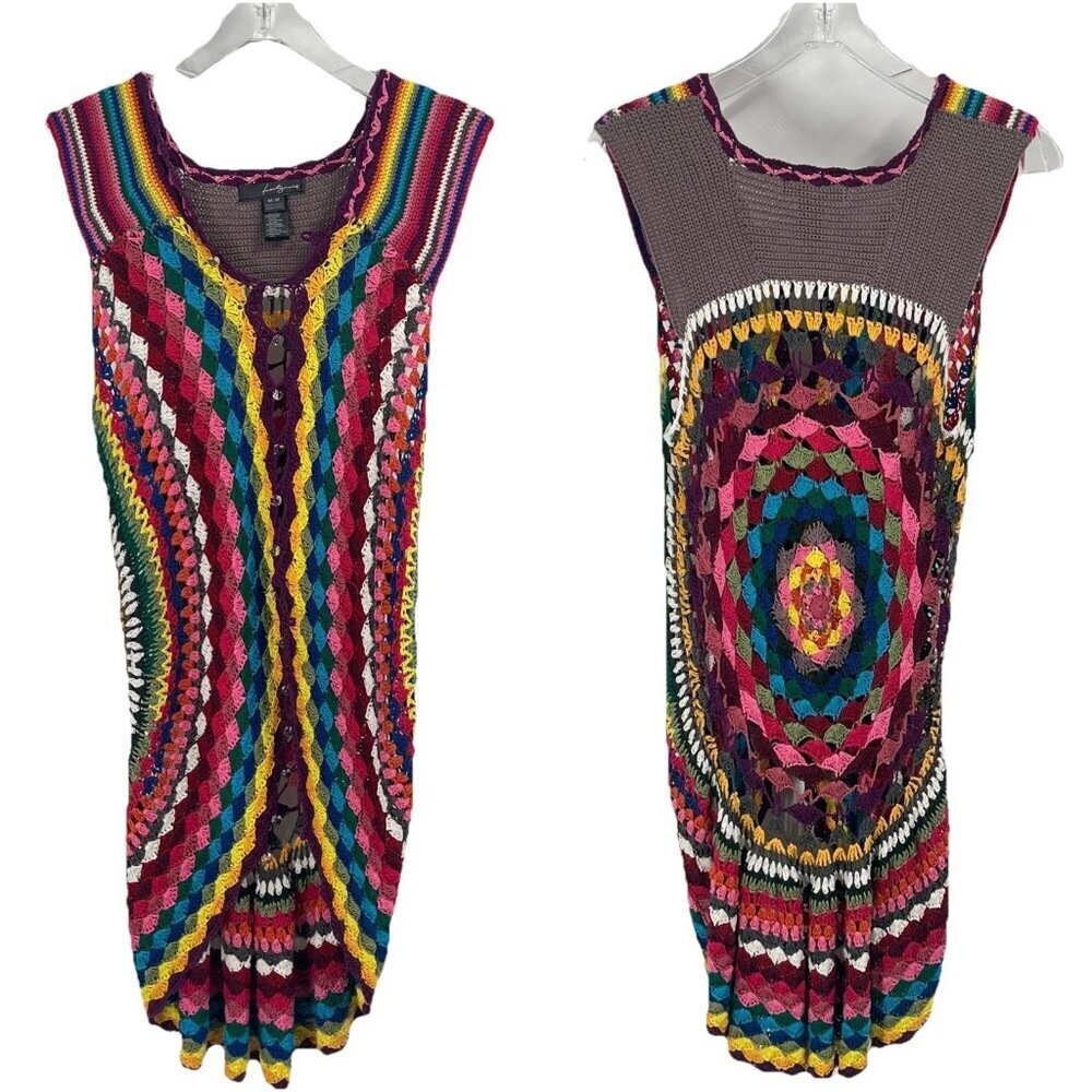 Forever 21 Knit Afghan Colorful Rainbow Sweater Vest Boho Festival Sz Medium